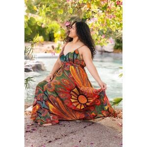 The Vacation Dress Paisley Print Maxi  Orange Green Red Spaghetti Strap XL